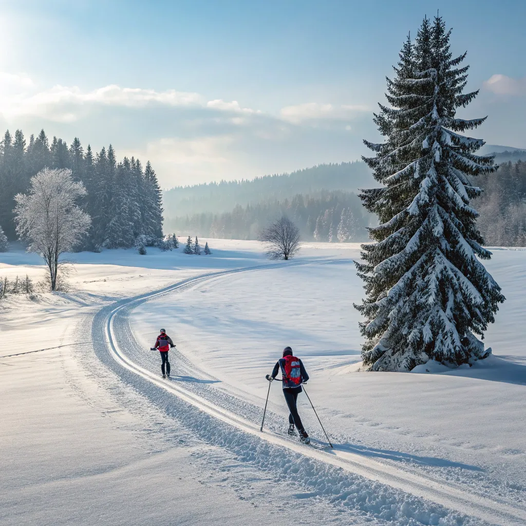 Cross-country skiing through a snowy landscape