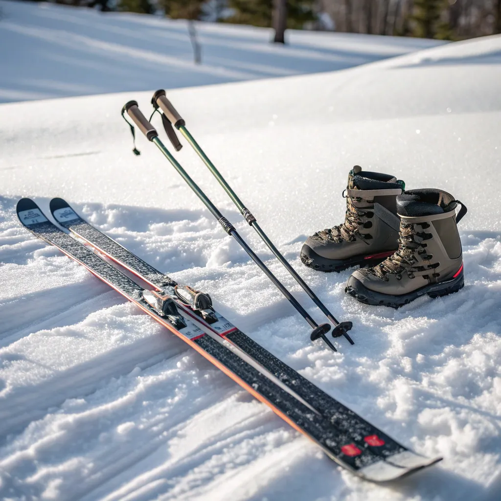 Cross-country skiing gear displayed on snow