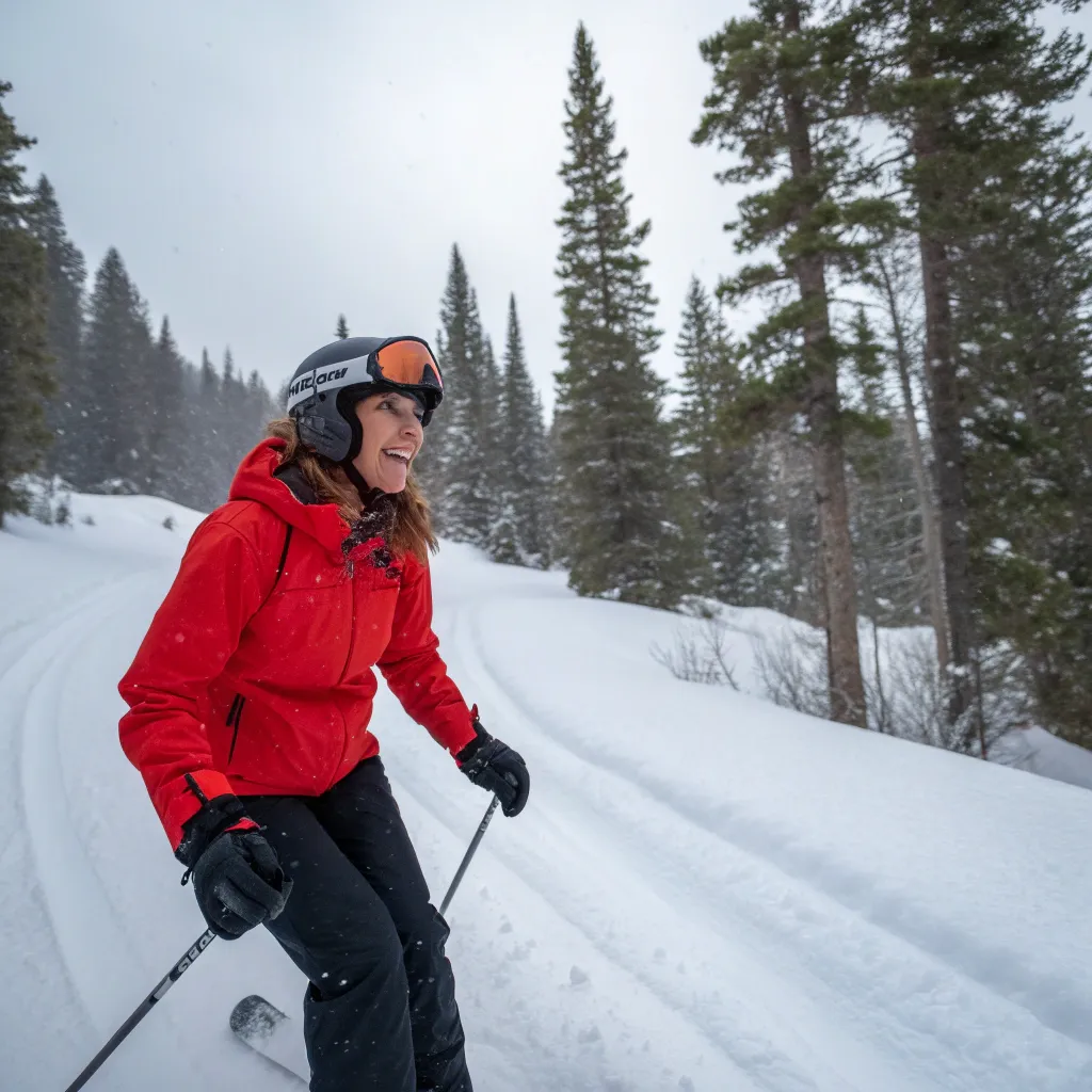 Emma Johnson skiing through a snowy trail with a smile