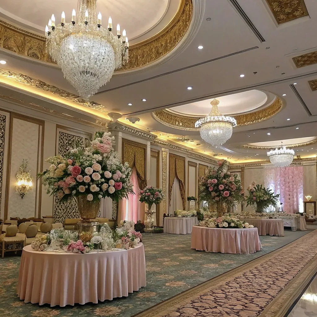Elegant ballroom setup with floral arrangements