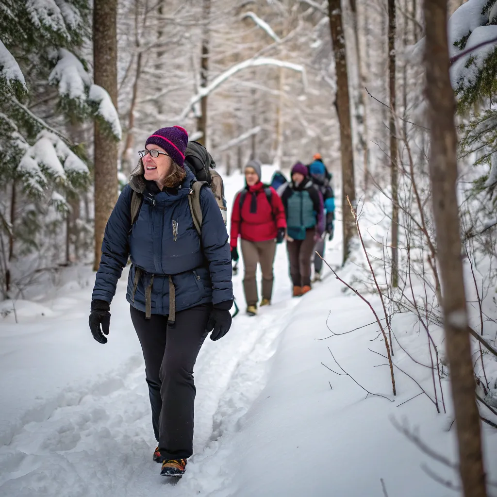 Sarah Bennett leading a group through a snowy forest trail