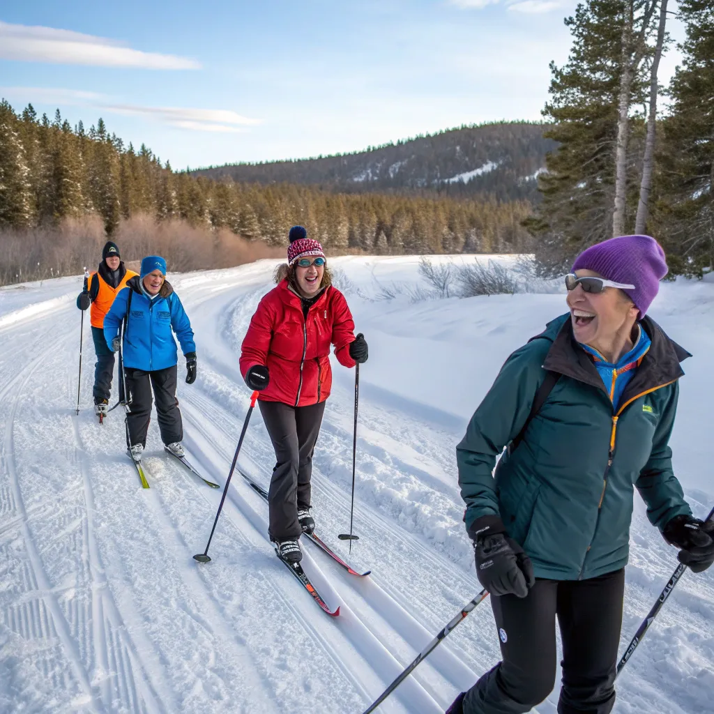 Instructors and participants enjoying cross-country skiing